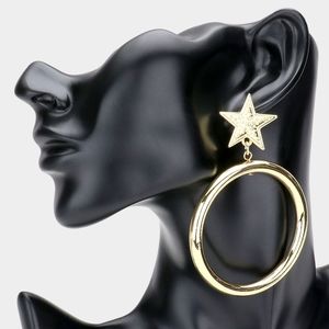 Gold Star Hoop Dangle Earrings Cute Metal Design Thick Chunky Statement Jewelry